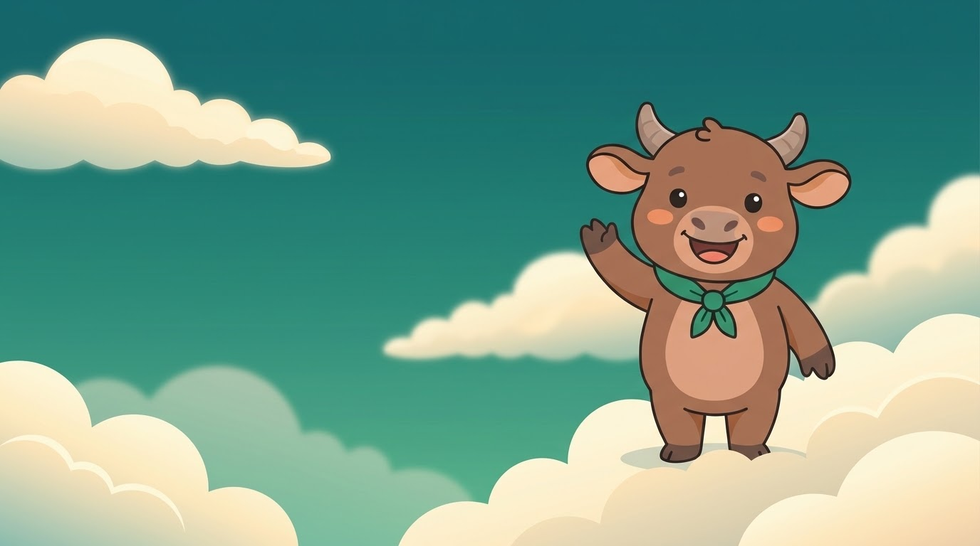 Ilustrasi langit dan awan tempat Maskot Anoa melambaikan tangan